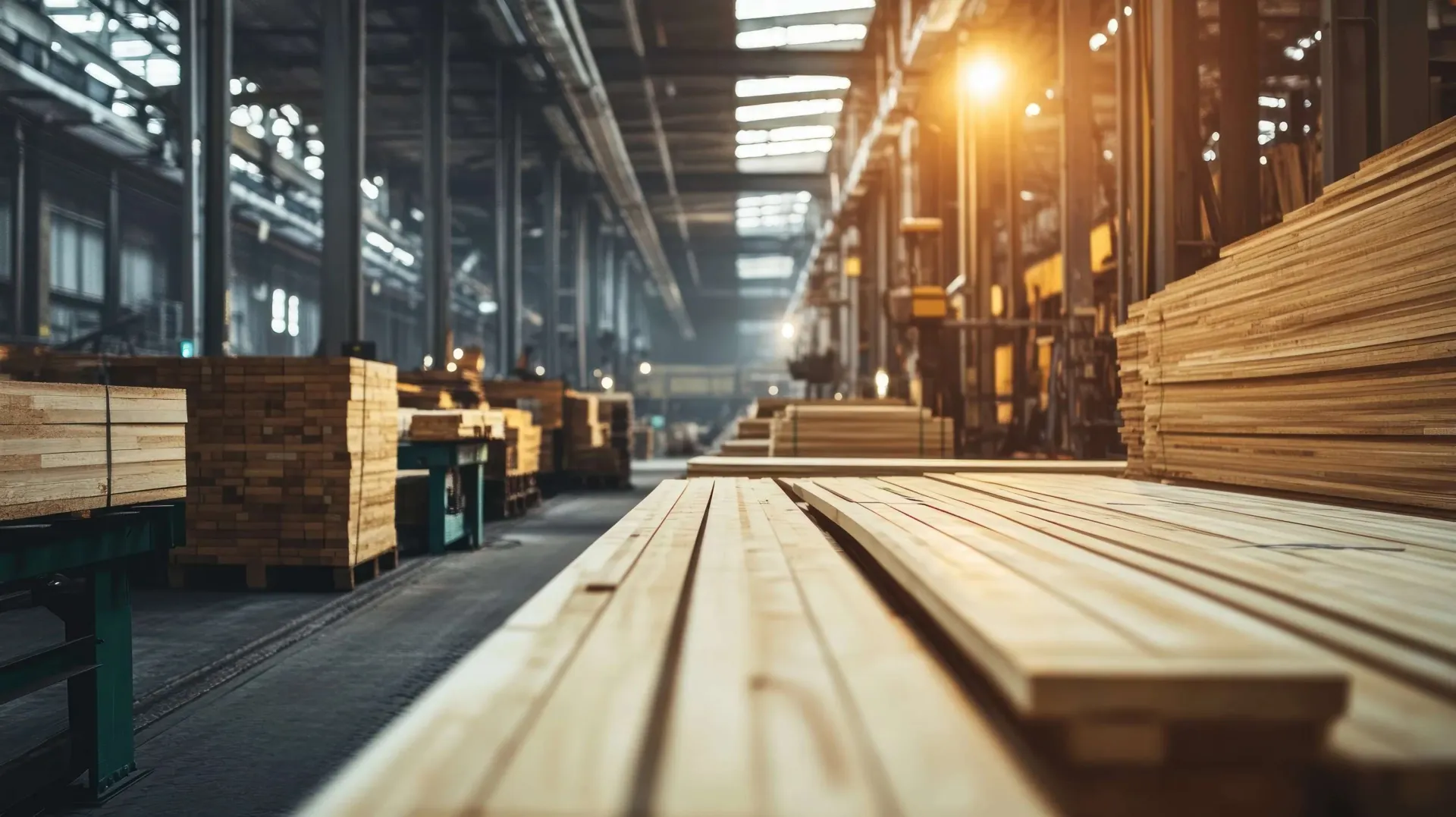 wide shot wooden plank manufacturing factory with wood planks focus